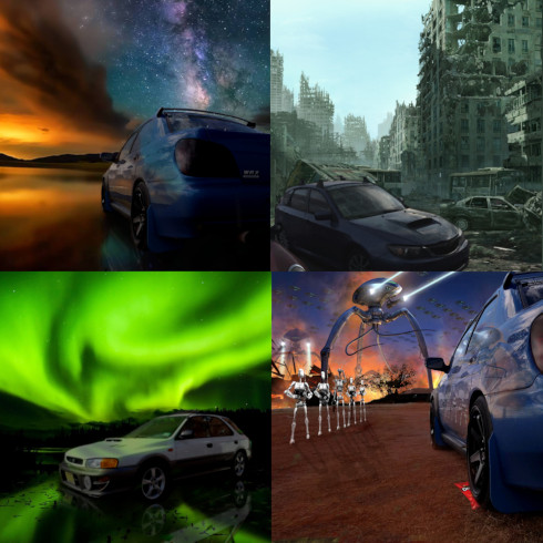 a grid of 4 photoshopped subarus having adventures under the stars, and even in an alien invasion