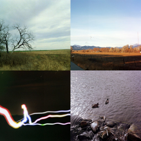 a grid of 4 scenes, a landscape, ducks in a river, a light painting, and a farmscape