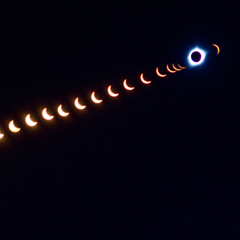 a combination shot showing the different phases of a solar eclipse against a black background. The sun in totality is near the upper left corner