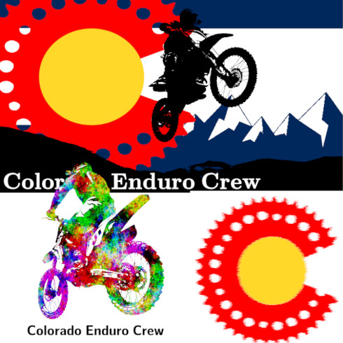 a grid of images depicting the colorado flag, dirt bike riders, and mountains