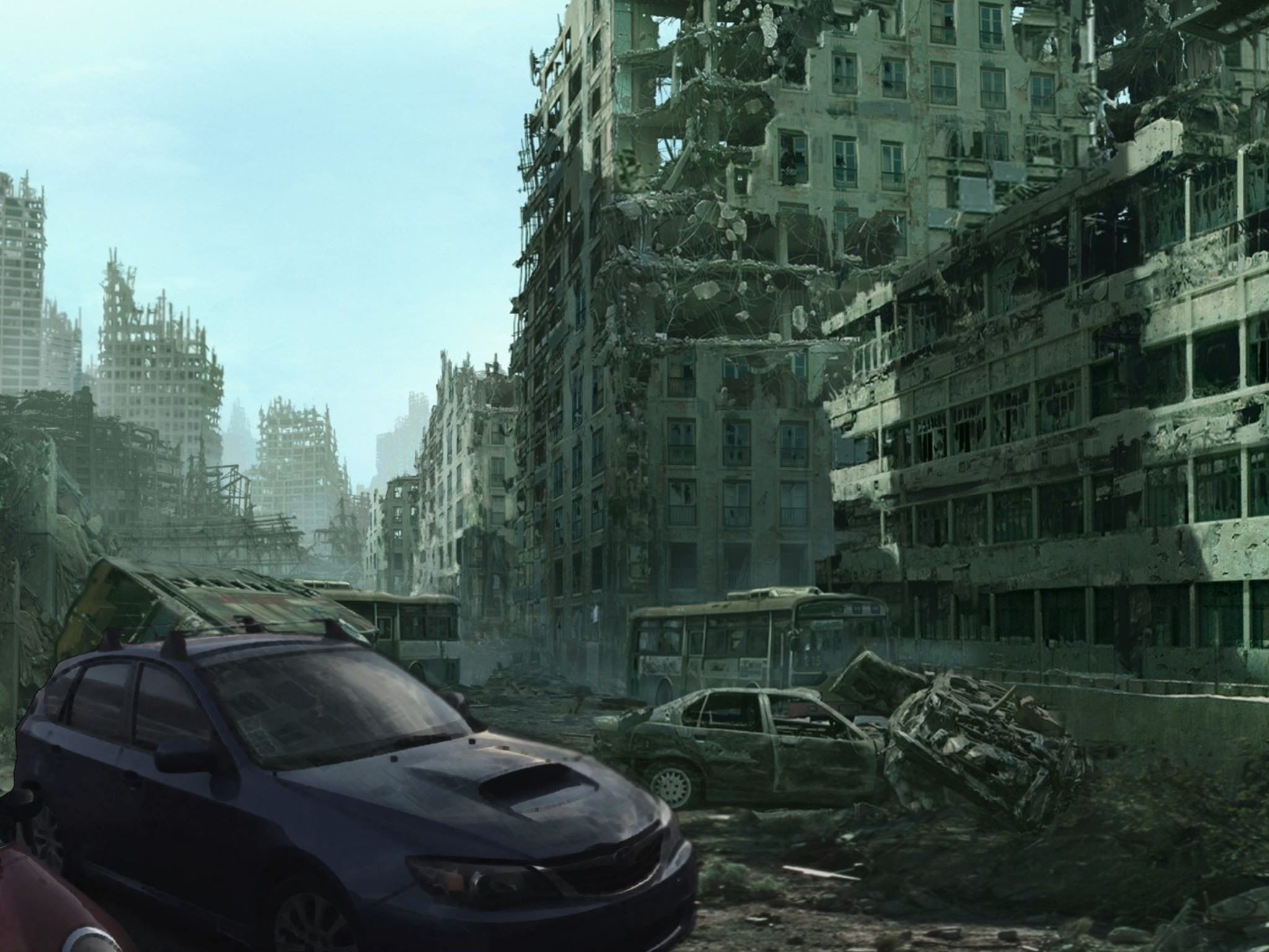 a blue, and somehow still shiny subaru hatchback sits amongst the ruins of vehicles and sky scrapers as dusk and smoke waft thru the air in an apocalyptic scene